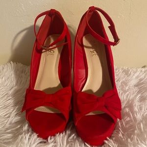 Red peep toe wedge heels